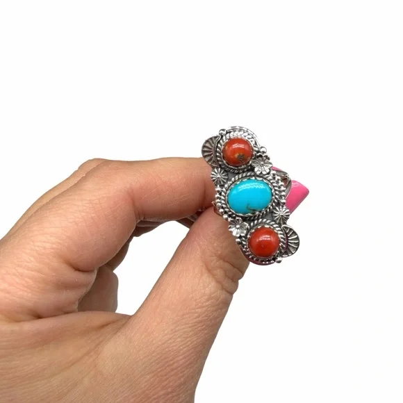 Kingman Turquoise Italian Red Coral Ring Size 7 Solid 925 Sterling Silver - Picture 5 of 7